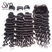 3 or 4 Bundles Deep Wave With Top Lace Closure 4x4 Luxury Brazilian Virgin Remy Human Hair Extensions Affordable Cheap Wholesale Price