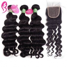 Premium Peruvian Natural Wavy Human Hair Weave Bundles With Lace Closure 4x4 100 Virgin Remy Hair