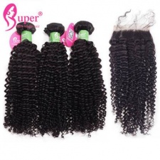 Peruvian Virgin Hair Afro Kinky Curly 3 or 4 Bundles With Top Lace Closure 4x4 Best Human Hair Extensions Natural Black Color