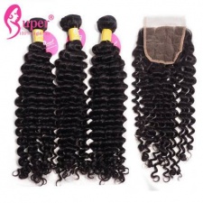 Best Match Curly Human Hair 4X4 Top Lace Closure With 3 or 4 Bundles Premium Malaysian Raw Virgin Remy Hair Extensions Natural Black Color