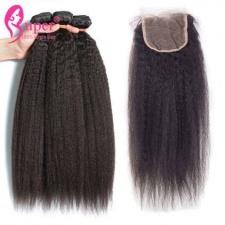 Brazilian Kinky Straight 3 or 4 Bundles With Top Lace Closure 4x4 Luxury Virgin Remy Human Hair Weave