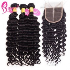 Best Match Deep Wave 3 or 4 Bundles With Top Lace Closure 4x4 Premium Malaysian Virgin Remy Human Hair Extensions Cheap Wholesale Price