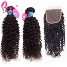 Brazilian Virgin Hair Kinky Curly 3 or 4 Bundles With Top Lace Closure Remy Human Hair Weft Extensions Tissage Bresilienne