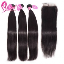 Straght Virgin Hair 3 or 4 Bundles With Top Lace Closure 4x4 Deluxe Standard Cheap Remy Human Hair Extensions