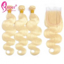 613 Blonde Color Best Brazilian Human Hair Extensions Body Wave 3 or 4 Bundles With Lace Closure 4x4