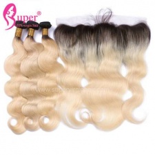 Best Quality Ombre Hair Color 613 With Dark Roots Body Wave Bundle With Frontal 13x4