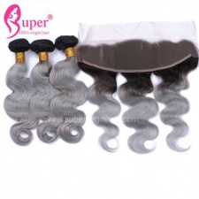 Omber Hair 1b Grey Body Wave Bundles With Lace Frontal 13x4 Wholesale Virgin Hair Extensions