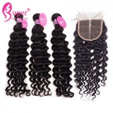 Deep Wave Hair Bundles With Lace Closure 4x4 Best Indian Virgin Human Hair Weave 