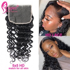 5x5 HD Lace Closure Deep Wave Human Hair Invisible Transparent Top Lace Closures Deep Part