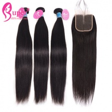 Straight Human Hair 3 or 4 Bundles With Top Lace Closure 4x4 Luxury Brazilian Real Virgin Remy Extensions uk Natural Black Color