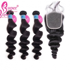 Brazilian Loose Wave Virgin Hair Weave 3 or 4 Bundles With Lace Closure 4x4 Luxury Real Remy Human Hair Extenstions Online