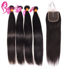 Best Virgin Remy Peruvian Straight Human Hair Bundles With Top Lace Closure 4x4 Real Hair Extensions