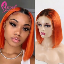Ladies Ombre Color Human Hair Bob Wigs 1b Orange Brazilian Straight Lace Front Wig Glueless