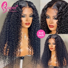 180% Transparent Lace Closure Wig 4x4 Brazilian Black Human Hair Curly Wigs For Sale